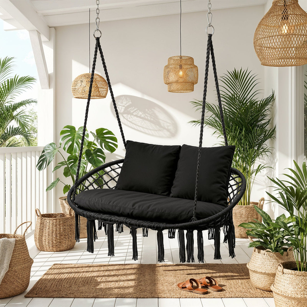 2-Person Macrame Hammock Chair Cotton Rope Hanging Swing Loveseat