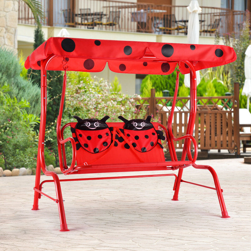 Ladybug 2-Person Kids Porch Swing with UV Canopy & Safety Belts