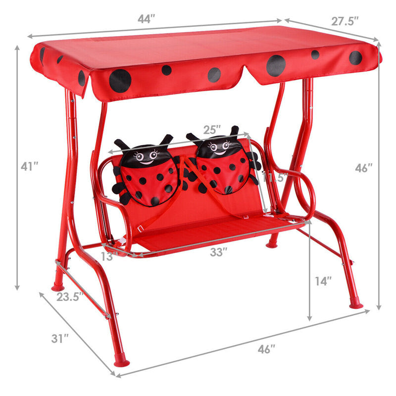 Ladybug 2-Person Kids Porch Swing with UV Canopy & Safety Belts