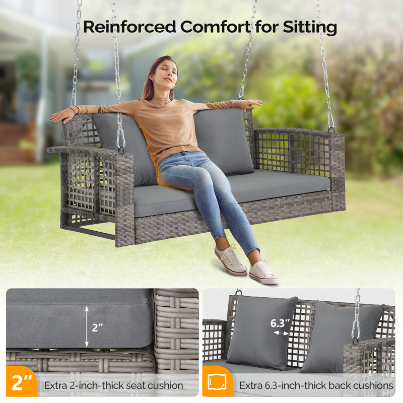 2 Person Rattan Porch Swing - Outdoor Hanging Bench with Cushions