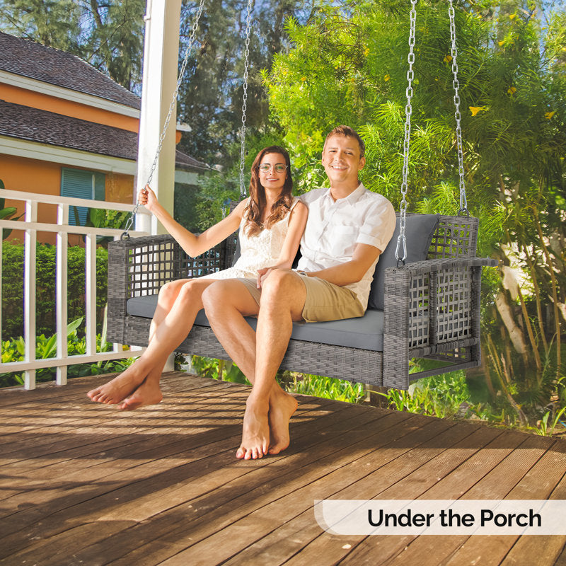 2 Person Rattan Porch Swing - Outdoor Hanging Bench with Cushions