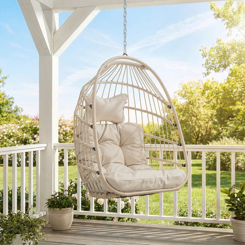 Foldable Wicker Hanging Egg Chair - Indoor/Outdoor Porch Swing