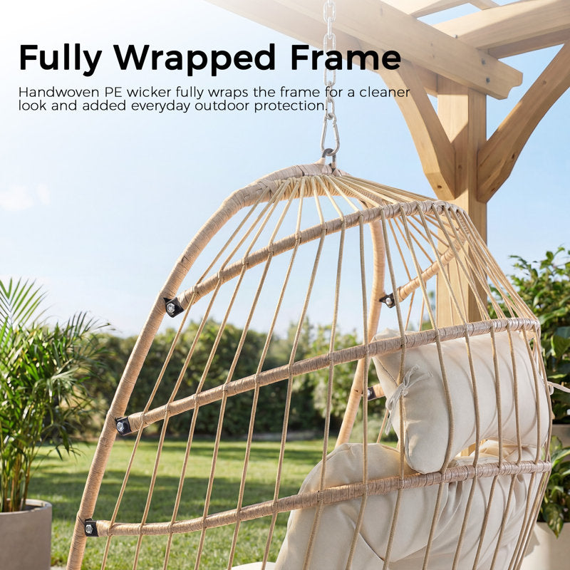 Foldable Wicker Hanging Egg Chair - Indoor/Outdoor Porch Swing