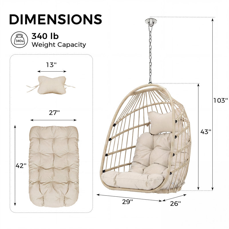Foldable Wicker Hanging Egg Chair - Indoor/Outdoor Porch Swing