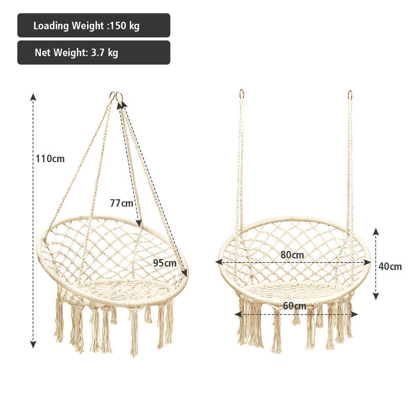 Macrame Porch Swing - Woven Cotton Rope Hanging Chair