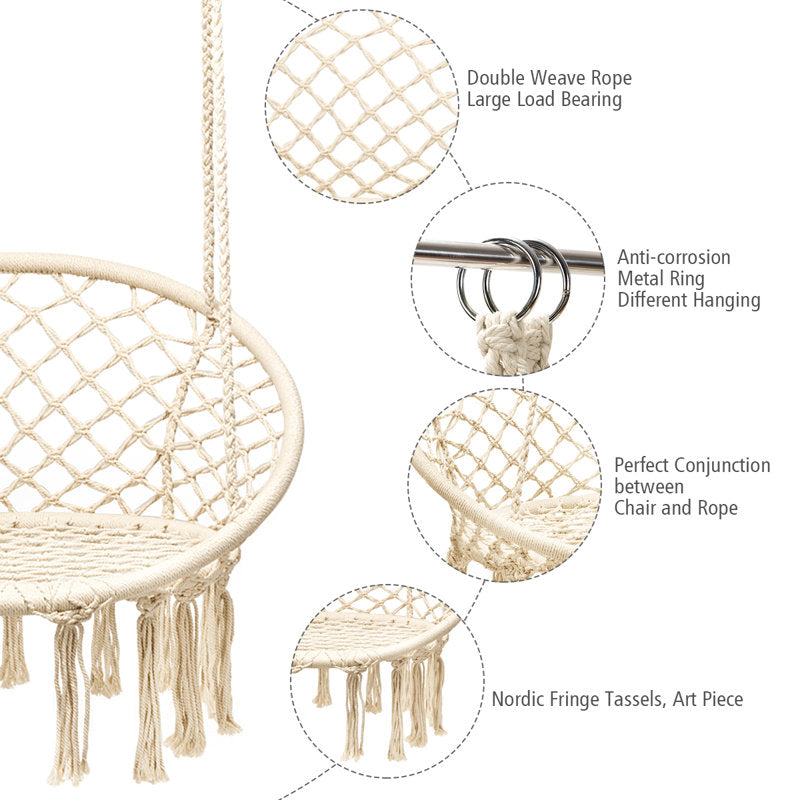 Macrame Porch Swing - Woven Cotton Rope Hanging Chair