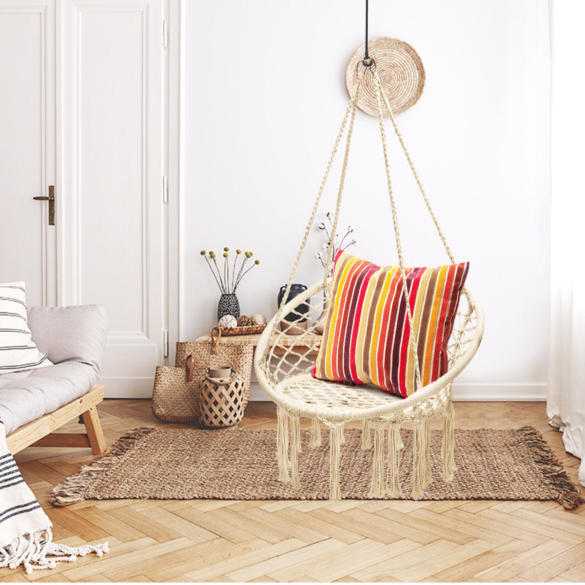 Macrame Porch Swing - Woven Cotton Rope Hanging Chair