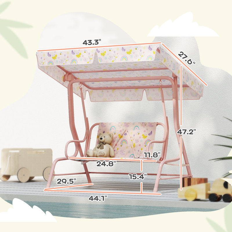 Kids 2-Seater Patio Swing - Metal Outdoor Porch Bench with Canopy