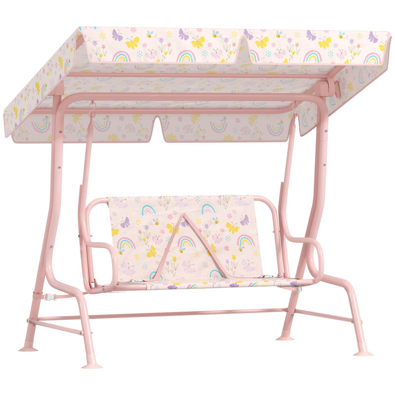 Kids 2-Seater Patio Swing - Metal Outdoor Porch Bench with Canopy