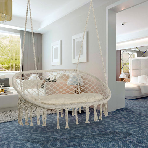 2-Person Macrame Hammock Chair - Cotton Rope Swing for Indoor & Outdoor