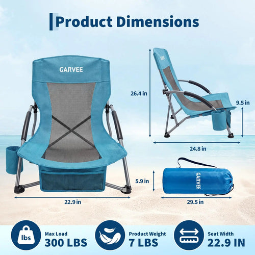 2-Pack Low Folding Beach Chairs - Heavy Duty Portable Camping Chairs