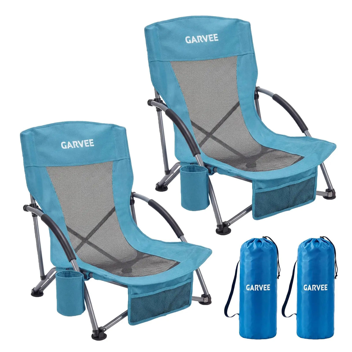 2-Pack Low Folding Beach Chairs - Heavy Duty Portable Camping Chairs