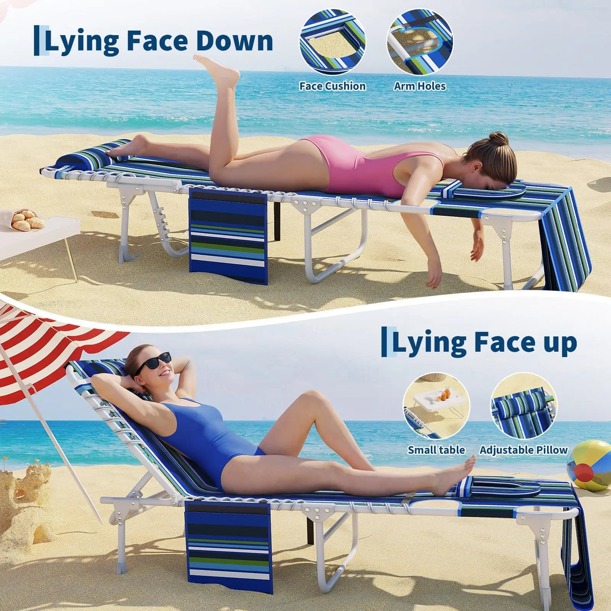 Folding Tanning Chair with Face Hole & Table - Beach Lounge Chair