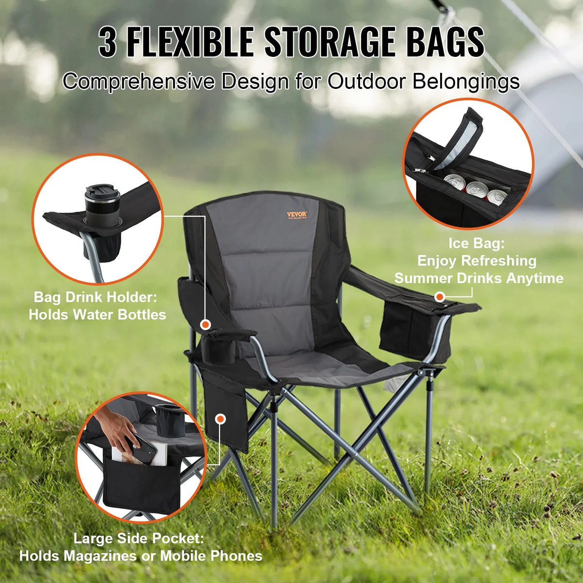 Heavy Duty Outdoor Folding Camping Chair - 350lbs Capacity - Portable