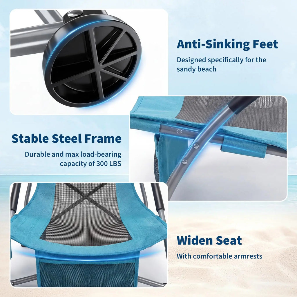 2-Pack Low Folding Beach Chairs - Heavy Duty Portable Camping Chairs