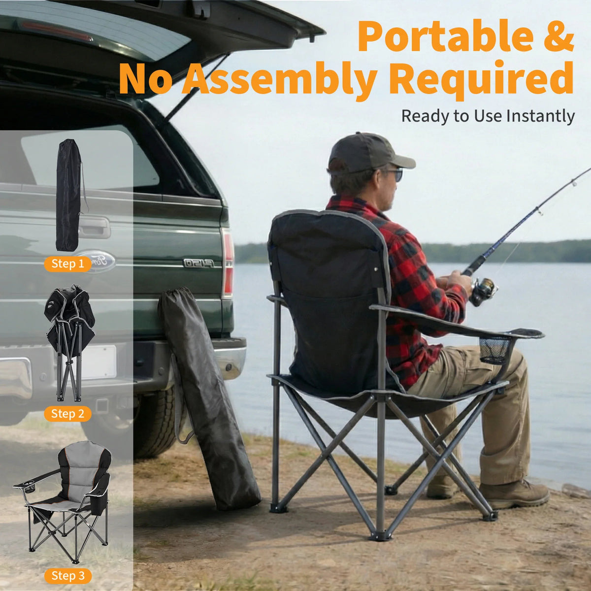 Heavy Duty Folding Camping Chair with Cooler Bag & Cup Holder