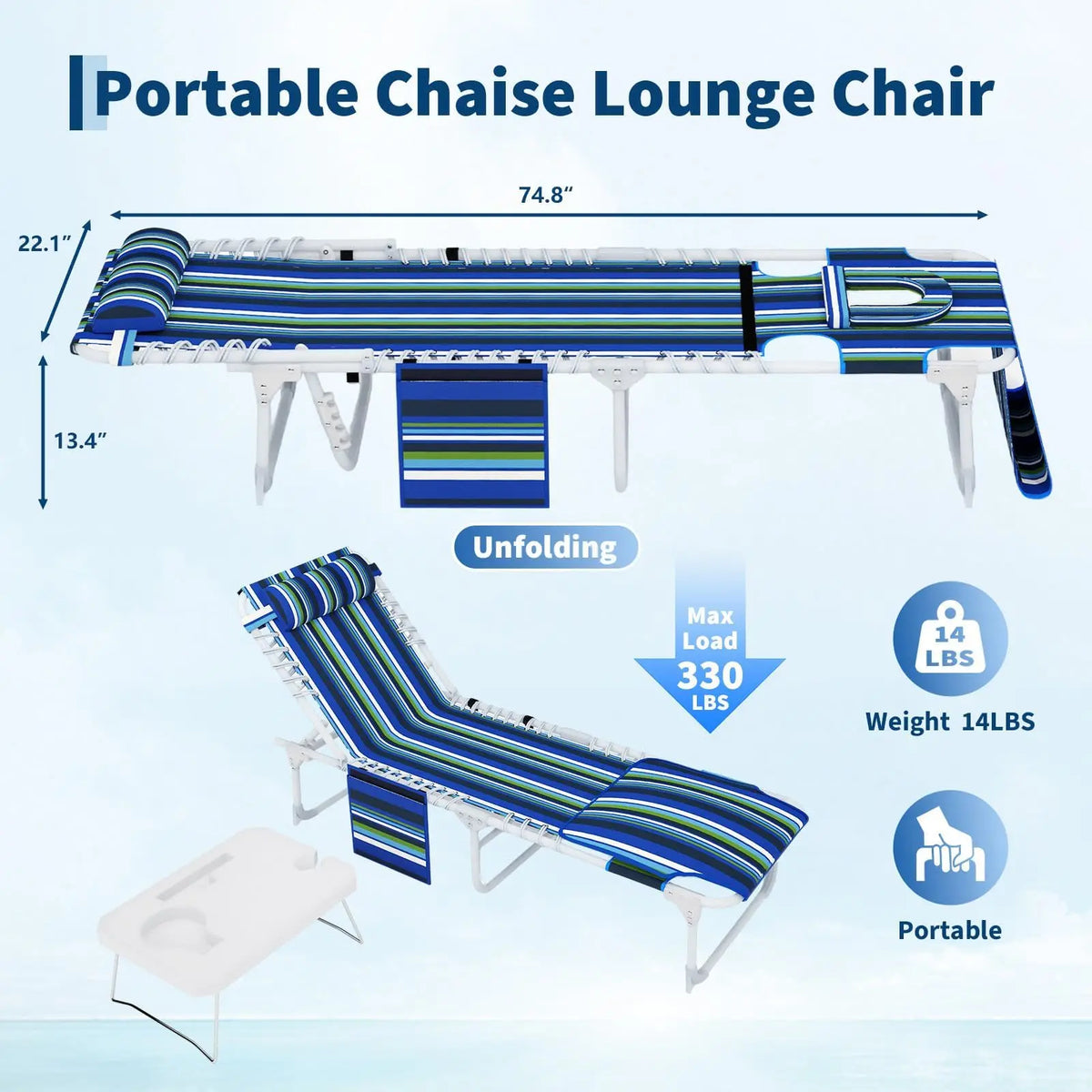 Folding Tanning Chair with Face Hole & Table - Beach Lounge Chair