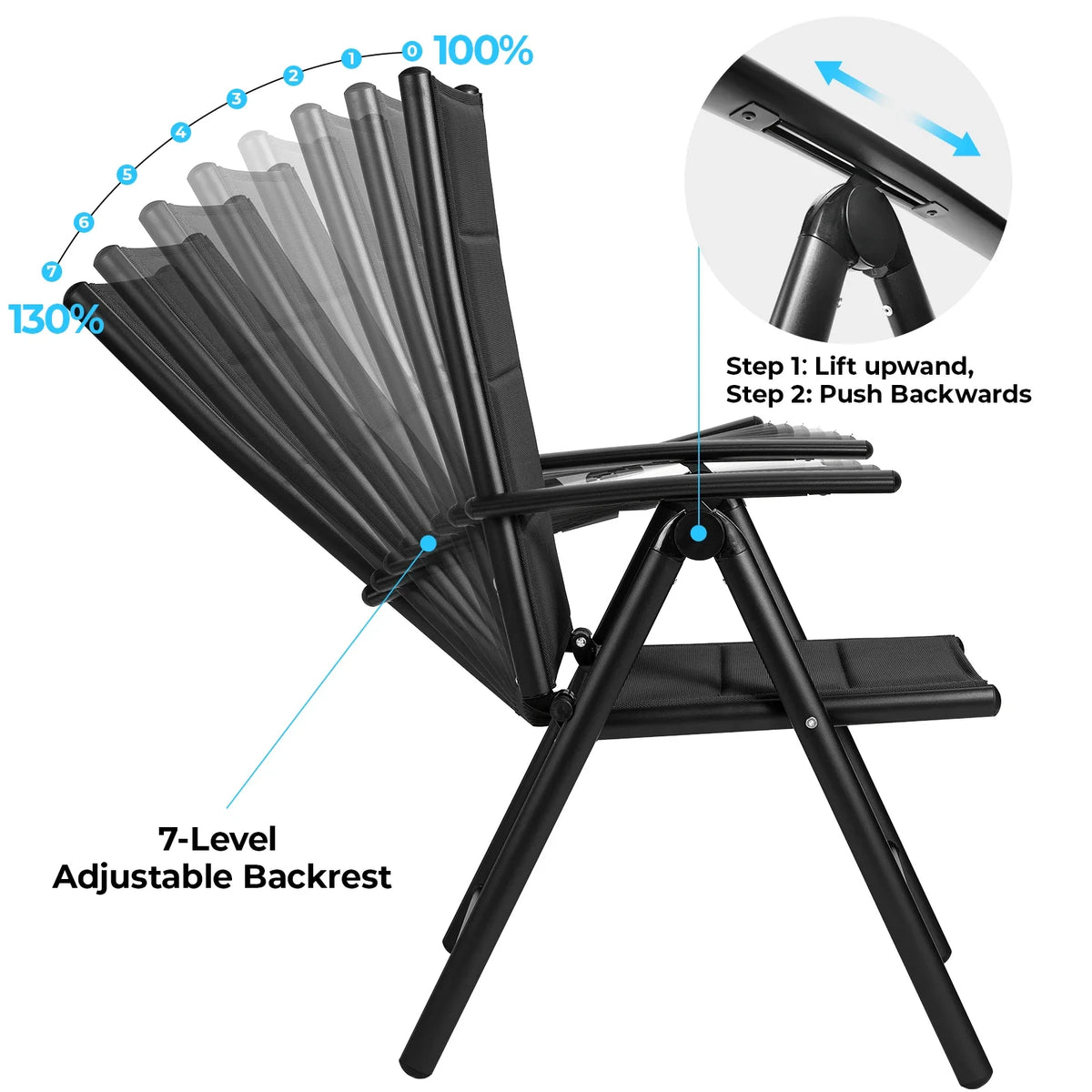 Set of 2 Aluminum Folding Garden Chairs - Adjustable Outdoor Lounge