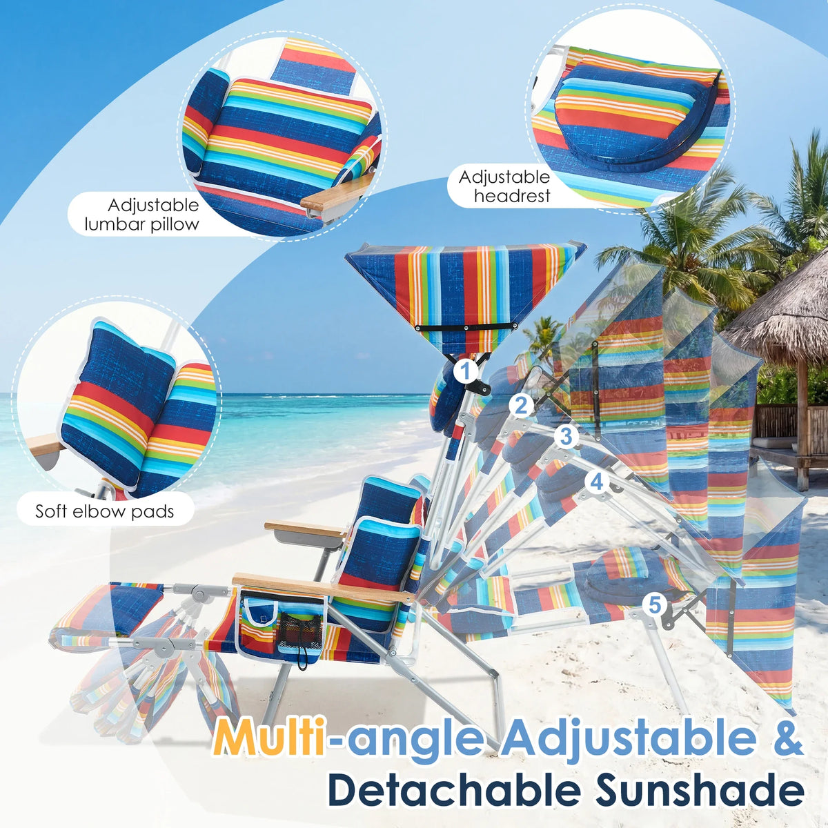 Backpack Beach Tanning Chair - Folding Lounge with Face Hole & Canopy