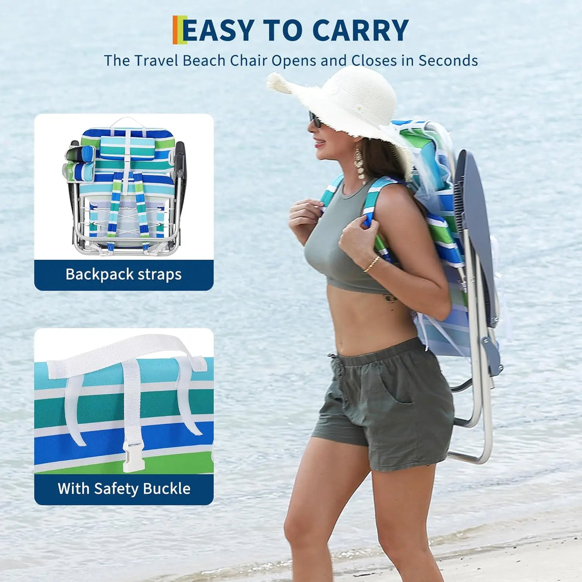 Portable Backpack Beach Chair - 5-Position Folding Reclining Seat
