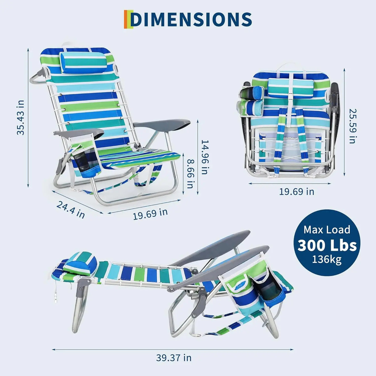 Portable Backpack Beach Chair - 5-Position Folding Reclining Seat