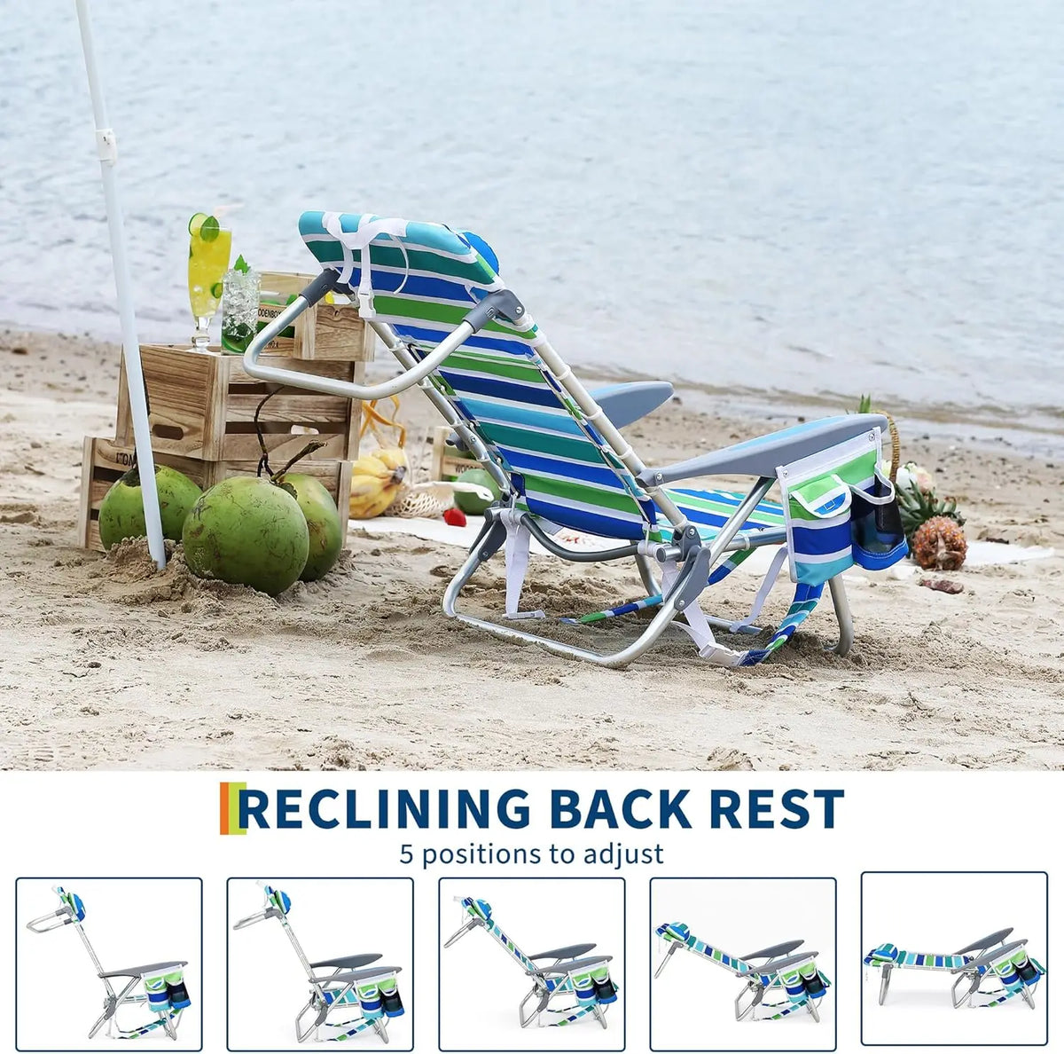 Portable Backpack Beach Chair - 5-Position Folding Reclining Seat