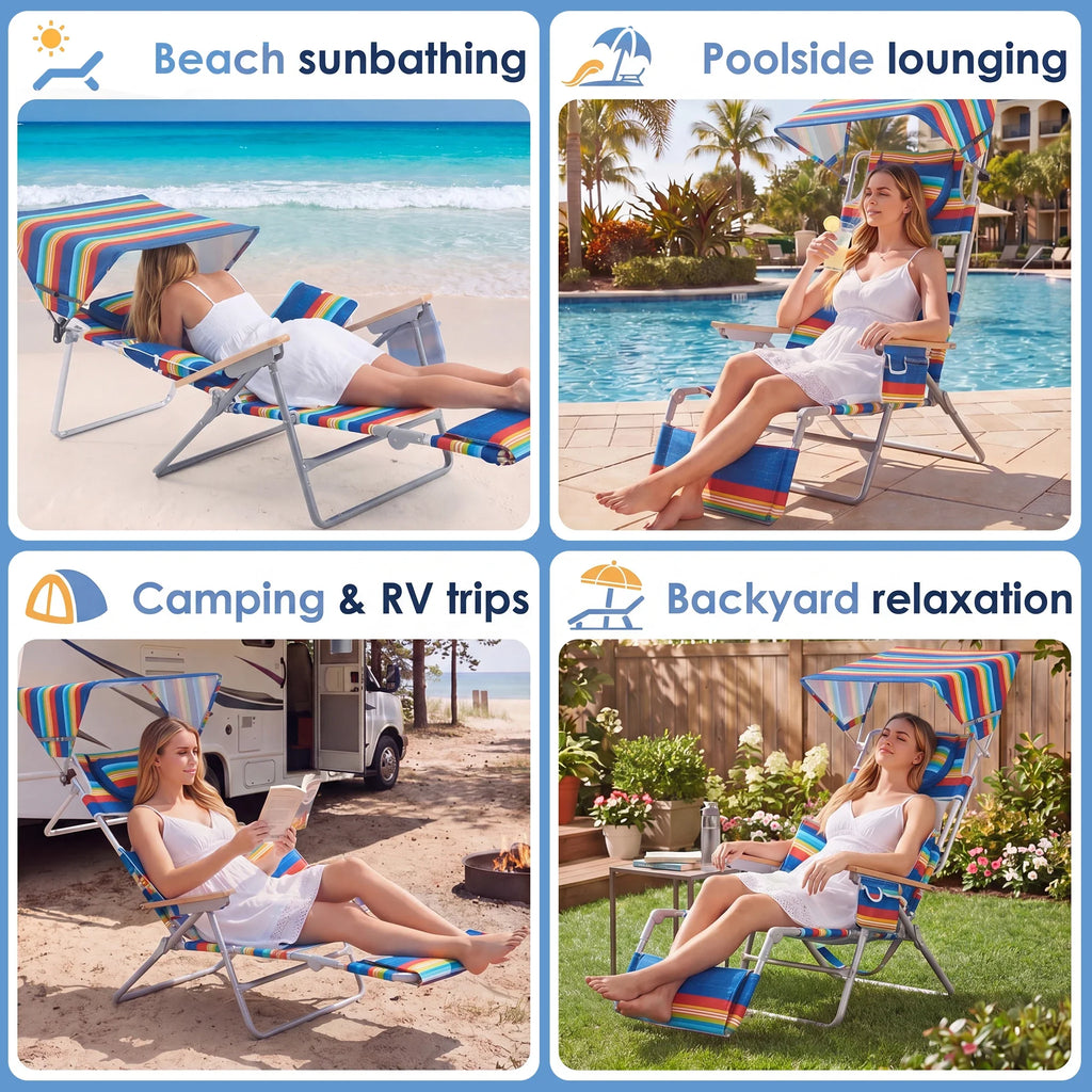 Backpack Beach Tanning Chair - Folding Lounge with Face Hole & Canopy