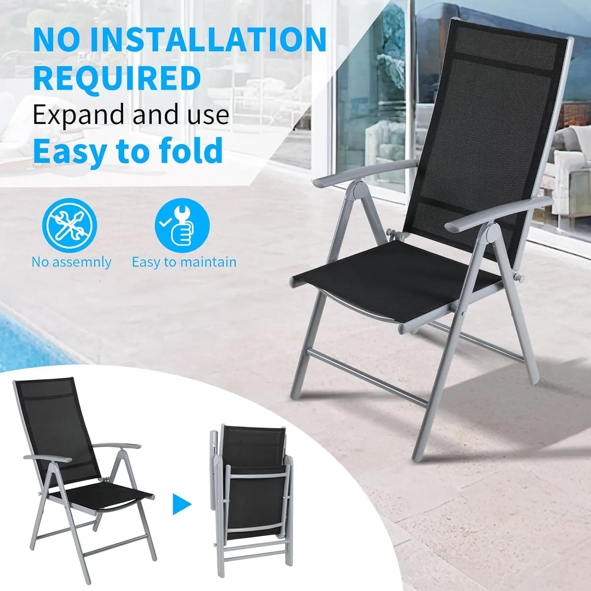 2-Pack Aluminum Folding Patio Chairs - Adjustable High Back Lawn Set