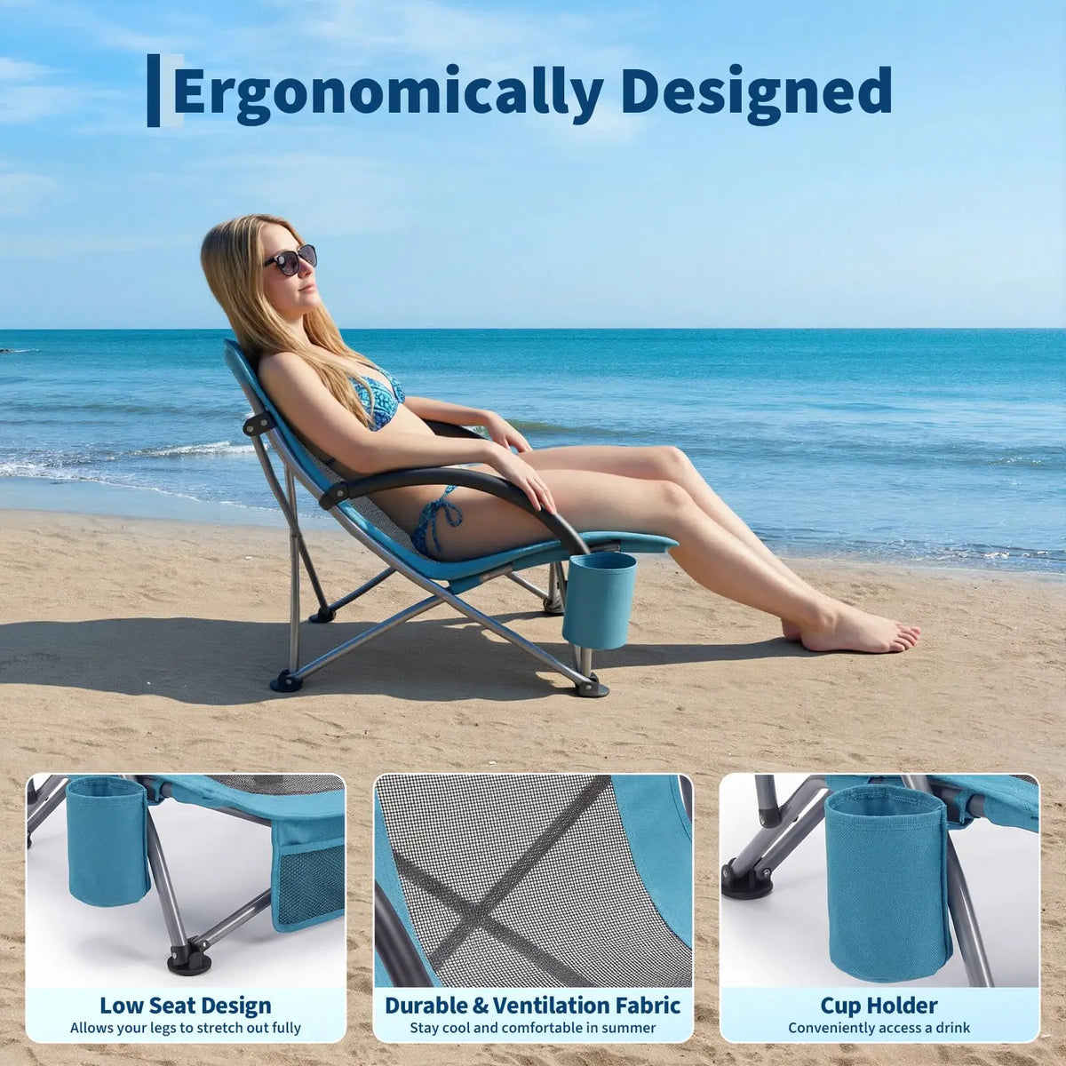 2-Pack Low Folding Beach Chairs - Heavy Duty Portable Camping Chairs