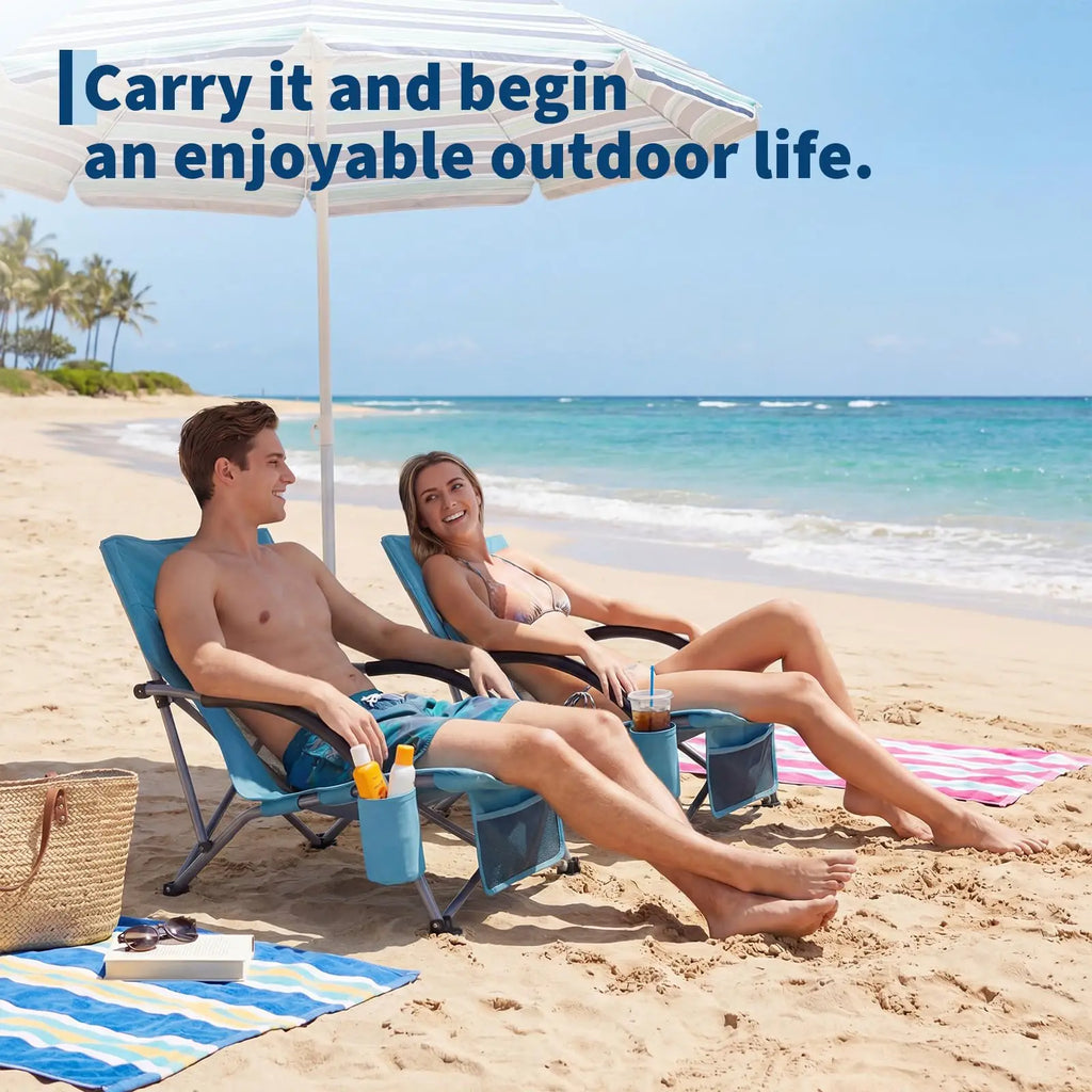 2-Pack Low Folding Beach Chairs - Heavy Duty Portable Camping Chairs