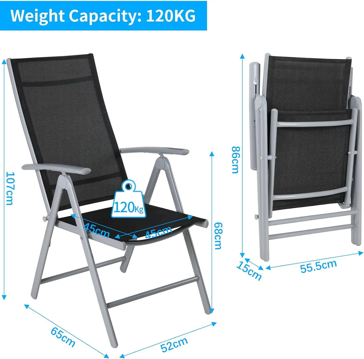 2-Pack Aluminum Folding Patio Chairs - Adjustable High Back Lawn Set