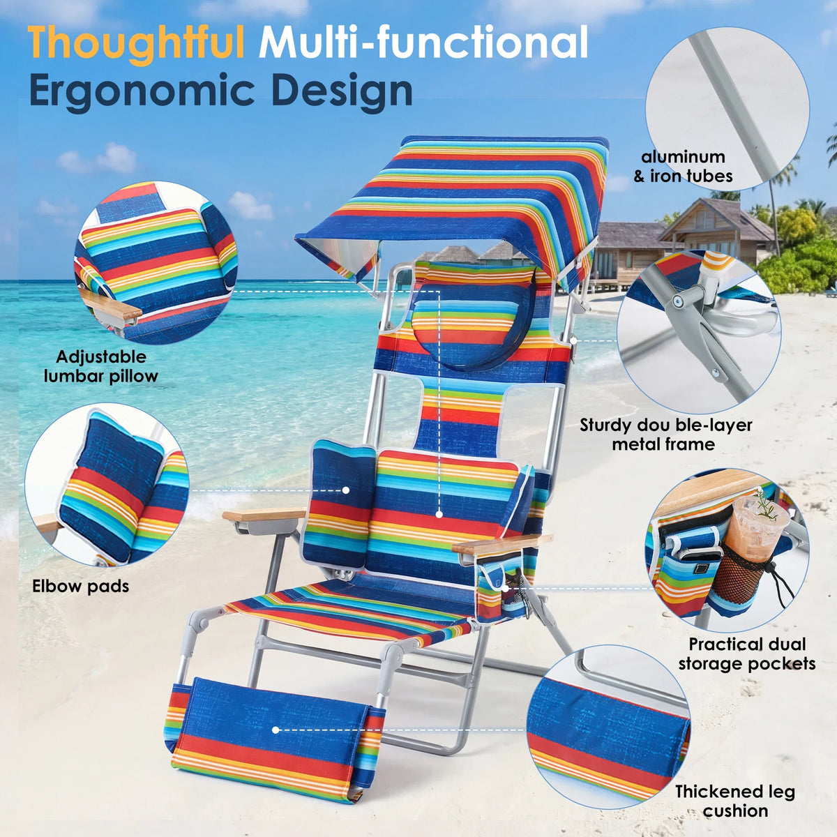 Backpack Beach Tanning Chair - Folding Lounge with Face Hole & Canopy