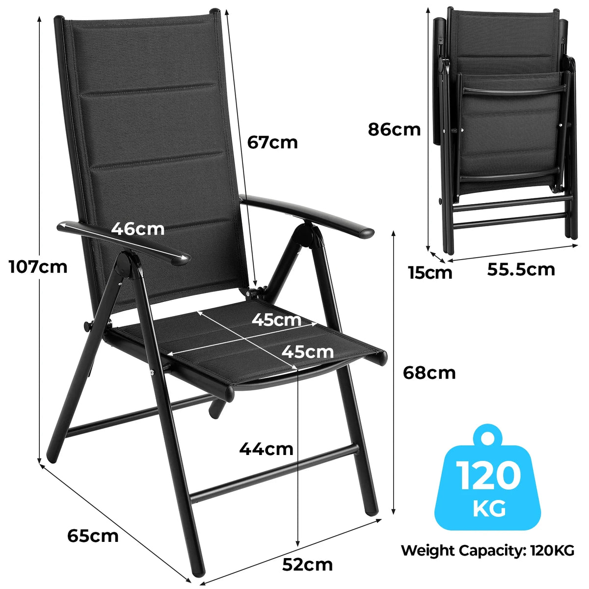 Set of 2 Aluminum Folding Garden Chairs - Adjustable Outdoor Lounge